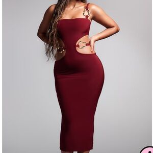 DARK RED SLINKY ONE SHOULDER TRIM DETAIL MIDAXI DRESS